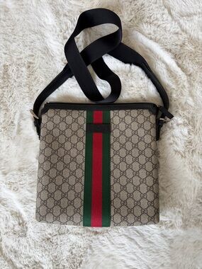 Gucci Brown GG Supreme Canvas Messenger with Green & Red Web Stripe